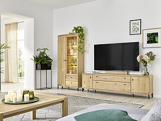 Wohnwand (66654), Asteiche (PG 2), Griffe und Füße anthrazit (Z2), ca. B 323, H 192, T 49 cm. Zubehör: 1er-Set LED-Strahler (8942), 3er-Set Glasbodenbeleuchtung (93999), TV-Halterung (91195), Repeater (8189), Funkfernbedienung (1757)