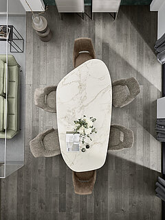 Esstisch (R 2041), Platte in organischer Form, Dekton Entzo Natural (2), Metallsäule pulverbeschichtet, anthrazit (BP100), ca. L 240, B 120, H 77 cm