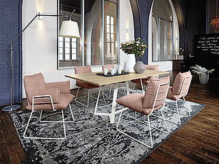 Esszimmer Pinero: Esstisch 550 (gerade Tischkante)ca. 200 x 100, H 76 cmGestell: Metall, pulverbeschichtet in A 15 structured white, Platte: Eiche E 26 weiß gekreidet matt