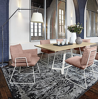 Dining table 550 (straight edge), approx. 200 x 100, H 76 cm, frame: metal, powder-coated in A 15 structured white, tabletop: oak E 26, white matte chalk look