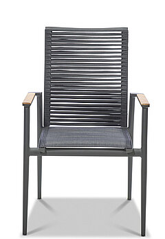 Gartenmöbel Freilicht: Stuhl G802-100-100 (Amsterdam), ca. B 61, H 94, SH 45, AH 64, T 66, ST 46 cm, Gestell: Aluminium pulverbeschichtet schwarz, Armlehnauflage in Teak massiv, Sitz Textilene schwarz, Rücken Kordelbespannung schwarz