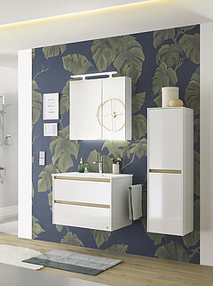 Badezimmermöbel REVENTO LINE Vorschlag 36, Korpus und Front Schneeweiß Glanz, Akzentfarbe Riviera-Eiche-Nachbildung