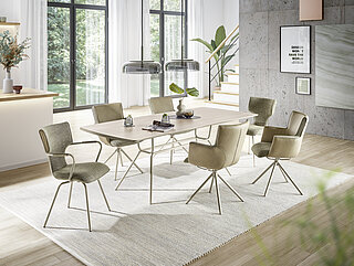 Esstisch (7000), Platte HPL Travertino Margalida, rechteckig, Stirnseite leicht gerundet, Gestell Rundrohr, pulverbeschichtet terra, ca. L 200, B 100, H 76 cm