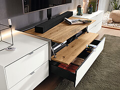 Lowboard 802-16-76-80-3L-1, approx. W 302, H 53, D 60 cm, white matte glass / solid oak, brushed