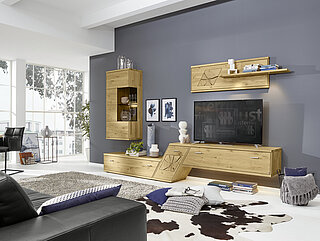 Wall units V 17987, solid wild oak, bianco oiled / bronze glass, approx. W 321, H 200, D 47 cm, solid wild oak, bianco oiled / bronze glass