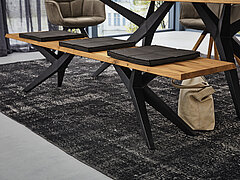 Bench 6758-79-200, chair cushion 6755-00-420, approx. 37 x 37 cm, “Aberdeen anthracite” microfibre, approx. W 200, H 46, D 40 cm; base: black iron, seat surface in solid character oak, oiled