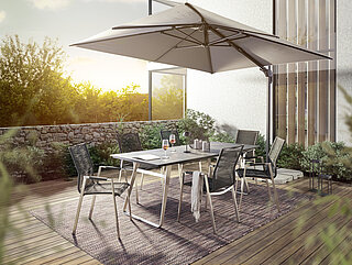 Freilicht: Tisch Portugal G923-010-061, Platte: HPL 010 Graphit 13 mm, Gestell: Edelstahl gebürstet, 220 x 95, H 76 cm