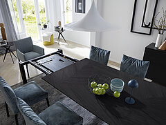 Dining table 353 with flat butterfly pull-out frame, oak frame E10 black/metal A01 black, tabletop in oak E10 black, approx. 100 x 200 (300), H 76 cm