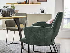 R 2031 armchair, approx. W 60, H 87, SH 46, AH 67, D 62, SD 46 cm, frame: RAL 6022 olive green, fabric Adore 158 Niagara (A) (100% polyester)