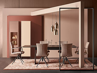 Hersteller: Lavida
Programm: Helmond
Esstisch 6804, ca. 220 x 100, H 76 cm, Wangen: schwarz pulverbeschichtet, Wildeiche Moor