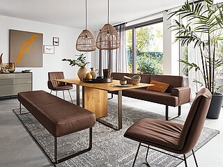 Bench B220 with back and side, approx. W 251, H 84, SH 49, D 67 cm, in genuine leather Z 69/51, tobacco (LK 50), metal runners F Q7 in M56 bronze