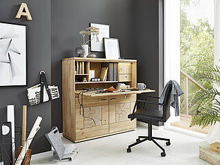 Bureau 179 198, approx. W 122, H 126, D 47 cm, planed contrasts, solid wild oak, bianco oiled