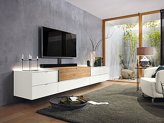 Lowboard 802-16-76-80-3L-1, approx. W 302, H 53 (wall-mounted: 66 cm), D 60 cm, white matte glass / solid oak, brushed