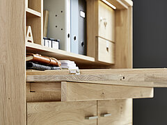 Bureau front detail 179 198, approx. W 122, H 126, D 47 cm, planed contrasts, solid wild oak, bianco oiled