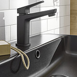 Badezimmermöbel REVENTO LINE Eiche Nachbildung Detail Keramik-Aufsatzbecken schwarz matt