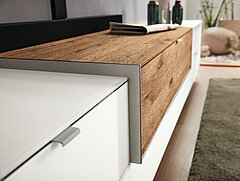 Transition between wood and glass, decorative aluminium trims, lowboard 802-16-76-80-0L-1