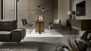 Stuhl (MX) ohne Armlehnen, Innen Stoff 25021 (JAB 2, 55% Modacryl, 26% Polyester, 10% Polyamid, 9% Baumwolle), Außen Stoff 24021 (JAB 2, 100% Polyester), Drahtrohrgestell F M5 in M56 bronze, ca. B 48, H 89, SH 51, T 62, ST 43 cm