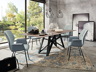 Fining table V 2018, approx. 240 x 100, H 77 cm, knotty walnut, “blond-oiled”, edge design 6 - angled edge, tabletop 3 cm, frame: BP 100 anthracite lacquered