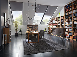 Kara-System: Regalwand (freie Planung) + Anlegeleiter 90452ca. B 485 cmNussbaum nova/Lack graphit Hochglanz