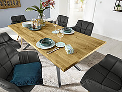 Dining table 6753-79-080, approx. 200 x 100, H 76 cm; frame: black iron, solid character oak