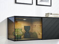 Detail: wall element from wall units 804-16-77-80-30-0 in solid oak, brushed/ black matte glass