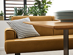 Detail: armrest / bench B 220 with back and side elements in genuine leather Z 69/52 curcuma (LK 50), metal runners F Q7 in M56 bronze