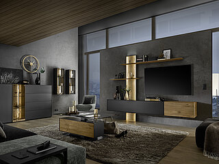 Trevio: Wohnwand V22, ca. B 266, H 212, T 39 cm, Kerneiche Umato / Lack anthrazit