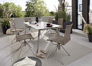 Helmond-Outdoor: Tisch Belgien, Platte HPL 007 Zementoptik mit Facettenkante, Gestell Edelstahl gebürstet, ca. 200 x 95, H 76 cm