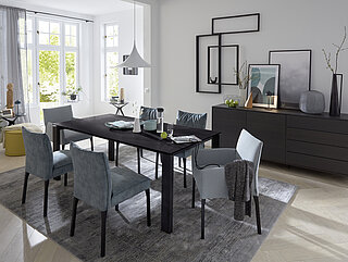 Dining table 353 with flat butterfly pull-out frame, oak frame E10 black/metal A01 black, tabletop in oak E10 black, approx. 100 x 200 (300), H 76 cm