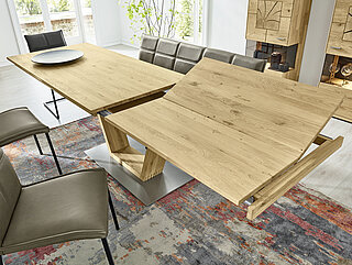 Dining table 179 466, approx. 180 (280) x 90, H 76 cm, solid wild oak, bianco, oiled