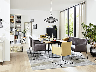 Dining table 371 with pull-out function, metal frame A01, matt black, tabletop in solid wild oak, natural colour, matt lacquer W11, approx. 100 x 200 (300), H 76 cm