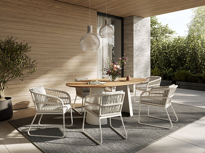 Tisch (G960-062-100), Gestell: Aluminium pulverbeschichtet ivory, Tischplatte: Teakholz, ca. 200 x 110, H 75 cm