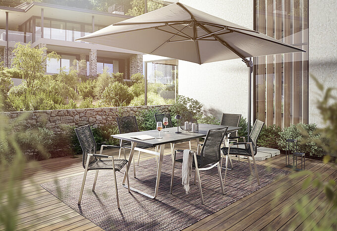 Gartenstuhl FREILICHT PORTO und Gartentisch FREILICHT PORTUGAL | Musterring Tisch Portugal G923-010-061, Platte: HPL 010 Graphit 13 mm, Gestell: Edelstahl gebürstet, 220 x 95, H 76 cm