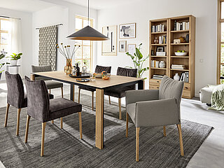 Dining table 353 with flat butterfly pull-out frame, oak frame E11/metal A01 black, tabletop in oak E11 mosaic, approx. 100 x 200 (300), H 76 cm