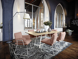 Esstisch Pinero: 550 (gerade Tischkante)ca. 200 x 100, H 76 cmGestell: Metall, pulverbeschichtet in A 15 structured white, Platte: Eiche E 26 weiß gekreidet matt