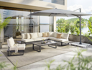 Freilicht: Lounge-Eckgruppe Madeira best. aus:3-Sitzer Sofa G599-004-000 B 249, 6cm,3 x Sitzkissen G585-000-***, Stoff Elba creme 611,3 x Rückenkissen G595-000-***, Stoff Elba creme 611,Eckmodul G569-004-000 82,8 x 82,8 cm,Sitzkissen G585-000-***, Stoff Elba creme 611,Rückenkissen (2-er Set) G575-000-***, Stoff Elba creme 6112-Sitzer Sofa G589-004-000 B 177, 6 cm.2 x Sitzkissen G585-000-***, Stoff Elba creme 611,2 x Rückenkissen G595-000-***, Stoff Elba creme 611Rahmen HPL Fb. Beton, 5-teilig, 13 mm, Gestell: Kufen Aluminium pulverbeschichtet anthrazit, Schenkelmaß: 332,7 x 260,2 cm, T 82,8, H 90,2, SH 40 cm