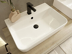 Detail Keramik-Aufsatzbecken (BAETU1007920001) Weiß Glanz, ca. B 60, H 13, T 42 cm, Waschtischplatte (PMD281549H), Riviera-Eiche-Nachbildung, Querstruktur
Zubehör: Waschtischarmatur (ZEHM37) schwarz matt, Überlaufrosette (ZDVROS01) schwarz, Handtuchhalter (ZHH00832) für Korpusmontage, schwarz matt, ca. L 33 cm