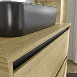 Badezimmermöbel REVENTO LINE Eiche Nachbildung Detail Keramik-Aufsatzbecken schwarz matt