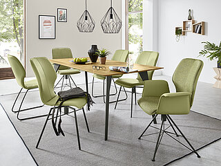 Dining table V 2009, approx. 200 x 100, H 77 cm, frame: RAL 7022 Umbra grey, knotty oak, natural, oiled