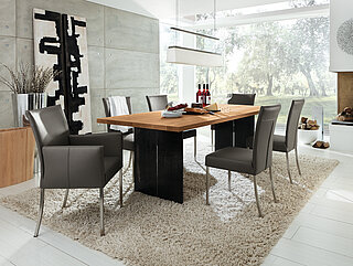 Nova: Esstisch N 2007ca. 220 x 100, H 77 cmPlatte: Asteiche; Gestell: Wangen aus Stahl