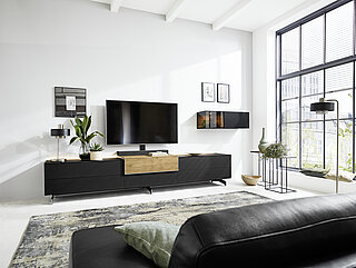 Wall units 804-16-77-80-30-0 with feet, approx. W 342, H 68, D 60 cm, solid oak, brushed / black matte glass