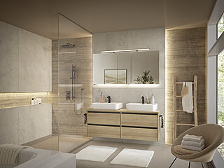 VZ-Vorschlag 4, Korpus und Front Riviera-Eiche-Nachbildung, Querstruktur, Akzentfarbe Schwarz-Matt-Touch, Gesamtmaß ca. B 152, H 200, T 50 cm, bestehend aus 2 x Keramik-Aufsatzbecken (BAETU1007920001) Weiß Glanz, je ca. B 60, H 13, T 42 cm, Waschtischplatte (PMD281549H) inkl. 2 Ausschnitten, ca. B 152, H 3, T 50 cm, Waschtischunterschrank (W99015F15) mit 4 Auszügen inkl. Kosmetikeinsätzen, ca. B 151, H 54, T 49 cm, Spiegelschrank (SDAES3015) 3-türig, einfach verspiegelt, ca. B 150, H 70, T 17 cm
Zubehör: LEDplus-fähige Beleuchtung (Kalt-, Neutral- oder Warmlicht schaltbar und dimmbar): Aufsatzleuchte (ZALBCF11E; 15 Watt), schwarz matt, ca. B 110 cm, 2 x Waschplatzbeleuchtung (ZWP00265E; 3,2 Watt), ca. B 65 cm, Sensorschalter (ZCS005E) für Aufsatzleuchte; Griffset (ZDVSPSG2, 3 Stück) für Spiegelschrank, schwarz matt, 2 x Waschtischarmatur (ZEHM37) schwarz matt, 2 x Überlaufrosette (ZDVROS01) schwarz, 2 x Handtuchhalter (ZHH00832) für Korpusmontage, schwarz matt, ca. L 33 cm