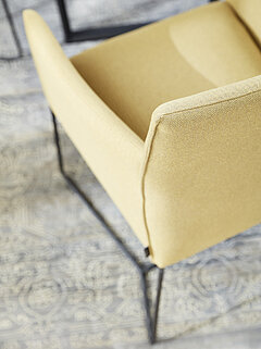 Chair 308 with armrest, firmly upholstered, metal base A01, matt black, Hugo mustard upholstery, approx. W 58, H 86, SH 51, D 61, SD 46, AH 67 cm