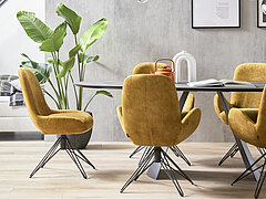 Esstisch (7015), Platte Keramik Rock schwarz gold (PG 1), ovale Form, Metallgestell Wange gerundet, pulverbeschichtet schwarz, ca. L 220, B 100, H 76 cm