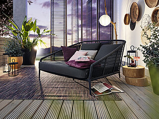 Freilicht: Sonnenbett Ibiza G999-100-140, ca. B 149, H 86, SH 42, T 156, ST 110 cm, Kordelflechtung grau, geknotet, Sitz mit Gurtfederung, Polster Bezugsstoff Praia 090 / Quick Dry Foam, Gestell Aluminium pulverbeschichtet anthrazit