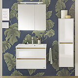 Badezimmermöbel REVENTO LINE Vorschlag 36, Korpus und Front Schneeweiß Glanz, Akzentfarbe Riviera-Eiche-Nachbildung