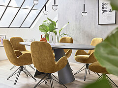 Esstisch (7015), Platte Keramik Rock schwarz gold (PG 1), ovale Form, Metallgestell Wange gerundet, pulverbeschichtet schwarz, ca. L 220, B 100, H 76 cm