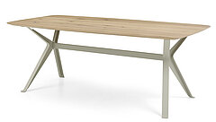 Esstisch NICA (NAEIC3), Massivholzplatte Eiche Bianco geölt, Bootsform, Randausführung 6: Schweizer Kante, Metallgestell C: pulverbeschichtet Silk Grey (RAL 7044), ca. L 200, B 100, H 75 cm. Zubehör: Sonderfarbton (RAL 7044)