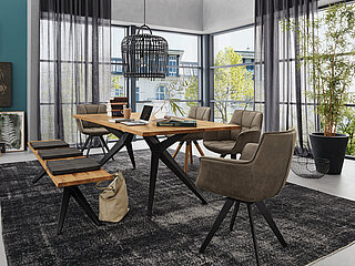 Table 6753-79-080, approx. 200 x 100, H 76 cm; frame: black iron; tabletop: solid character oak, oiled, 30 mm trapezoidal profile