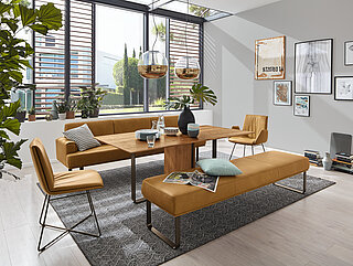 T 2050: Dining table 7883-79-080, approx. 200 x 100, H 75 cm, character oak, oiled, frame with metal brackets in bronze